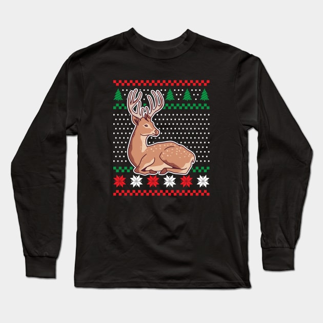 Ugly Christmas Sweaters Deer Long Sleeve T-Shirt by JS Arts